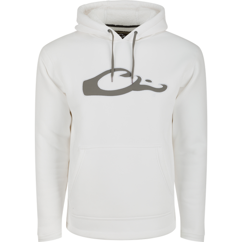 A white LST Silencer Fleece-Lined Hoodie with a logo on it, featuring a double-lined hood and kangaroo pouch. Perfect for cool days and evenings in duck camp.