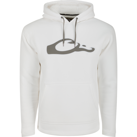 A white LST Silencer Fleece-Lined Hoodie with a logo on it, featuring a double-lined hood and kangaroo pouch. Perfect for cool days and evenings in duck camp.