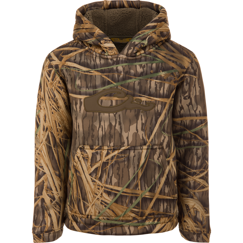 LST Youth Silencer Hoodie in camouflage print, featuring a fleece-lined hood and kangaroo pouch for warmth, designed for comfort and mobility in outdoor activities.