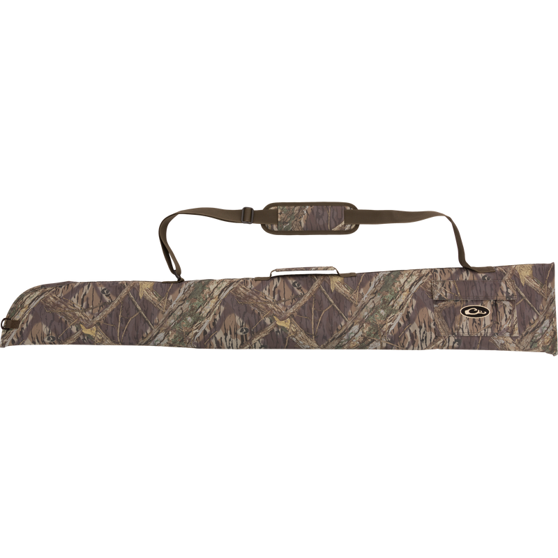 Alt text: Side-Opening Gun Case with camouflage design, adjustable strap, and outer accessory pocket. Ideal for shotguns up to 52 in length. From Purewhitelaneshop, known for premium hunting gear.