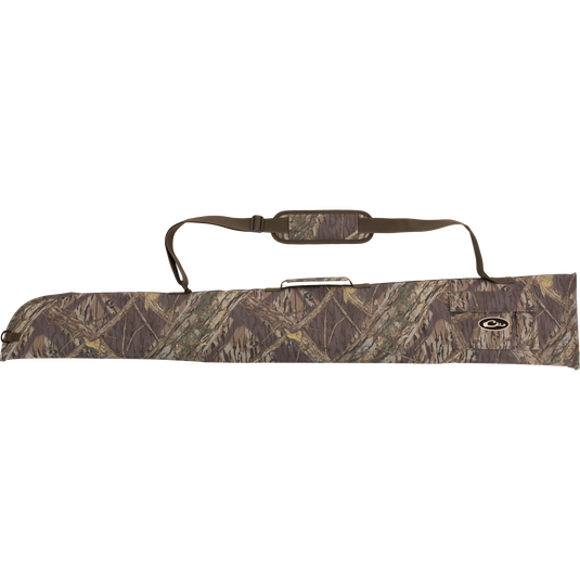 Alt text: Side-Opening Gun Case with camouflage design, adjustable strap, and outer accessory pocket. Ideal for shotguns up to 52 in length. From Purewhitelaneshop, known for premium hunting gear.