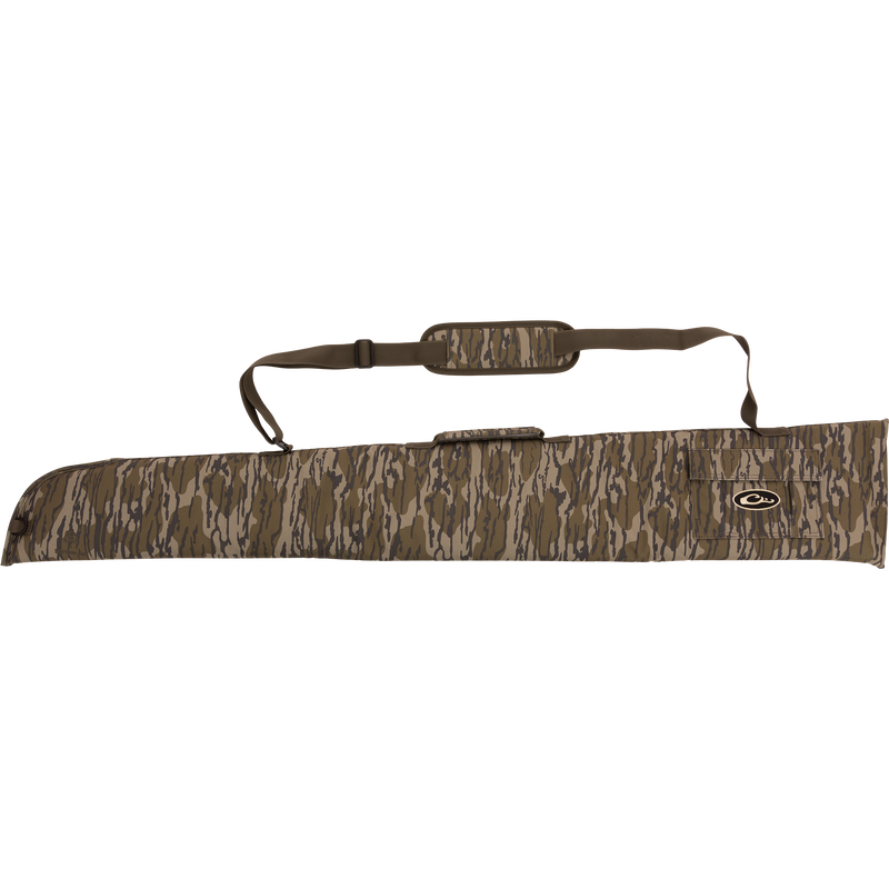 Alt text: Side-Opening Gun Case in rugged HD2™ material with nylon interior. Features adjustable strap, top handle, and choke tube pocket. Ideal for shotguns up to 52 length. From Purewhitelaneshop.