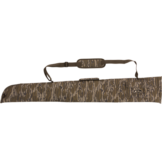 Alt text: Side-Opening Gun Case in rugged HD2™ material with nylon interior. Features adjustable strap, top handle, and choke tube pocket. Ideal for shotguns up to 52 length. From Purewhitelaneshop.