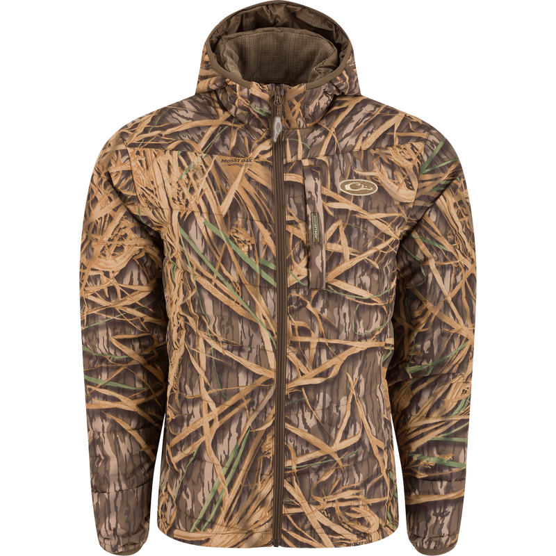 MST Synthetic Down Hooded Jacket with horizontal baffle design, insulated hood, and Magnattach™ pocket, ideal for cold weather hunts and camping.