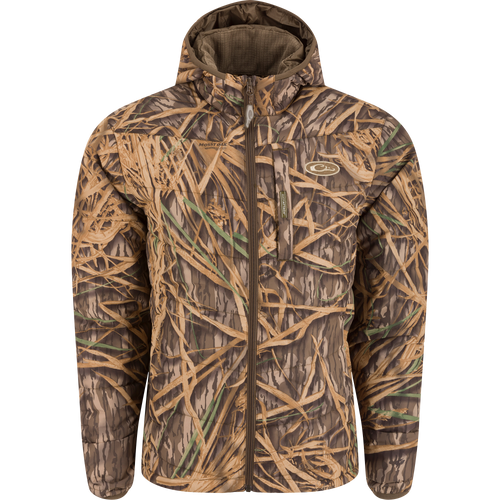 MST Synthetic Down Hooded Jacket with horizontal baffle design, insulated hood, and Magnattach™ pocket, ideal for cold weather hunts and camping.