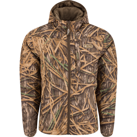 MST Synthetic Down Hooded Jacket with horizontal baffle design, insulated hood, and Magnattach™ pocket, ideal for cold weather hunts and camping.