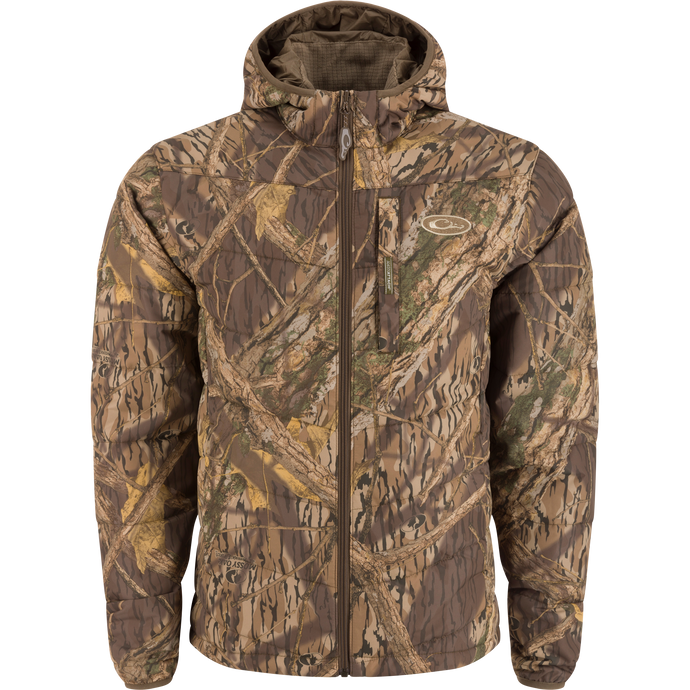 MST Synthetic Down Hooded Jacket with horizontal baffle design, insulated hood, and Magnattach™ pocket, ideal for warmth during hunting or camping.