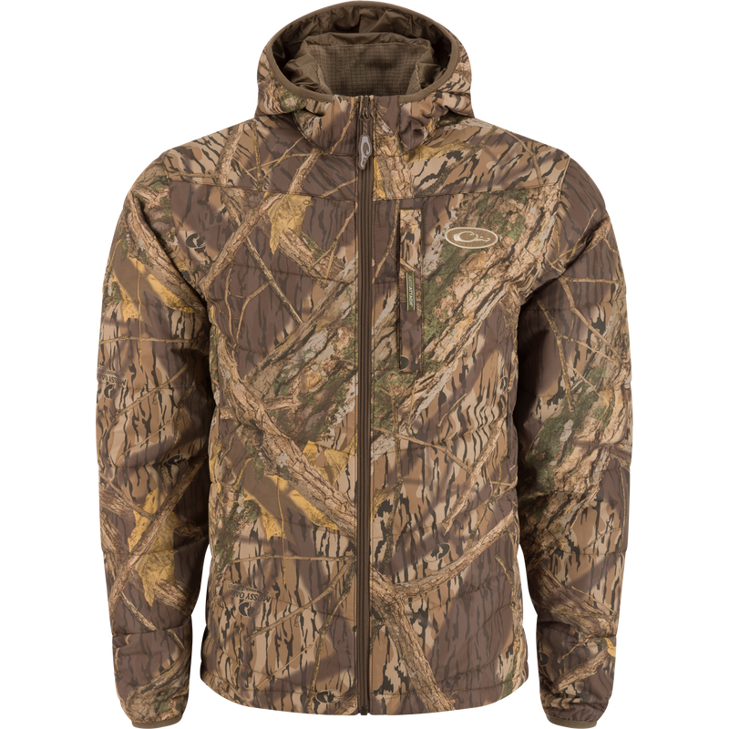 MST Synthetic Down Hooded Jacket with horizontal baffle design, insulated hood, and Magnattach™ pocket, ideal for warmth during hunting or camping.