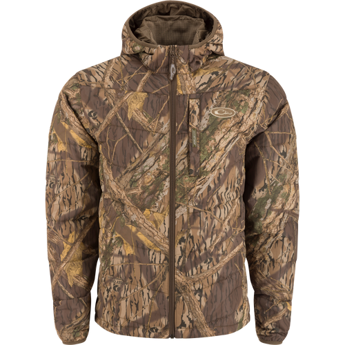 MST Synthetic Down Hooded Jacket with horizontal baffle design, insulated hood, and Magnattach™ pocket, ideal for warmth during hunting or camping.