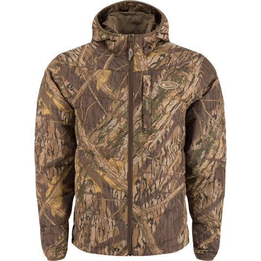 MST Synthetic Down Hooded Jacket with horizontal baffle design, insulated hood, and Magnattach™ pocket, ideal for warmth during hunting or camping.