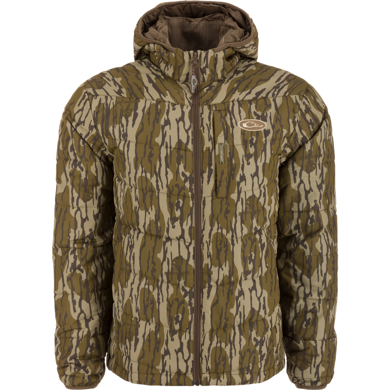 MST Synthetic Down Hooded Jacket with horizontal baffles, insulated hood, drawcord waist, and Magnattach™ chest pocket, ideal for hunting and cold-weather comfort.