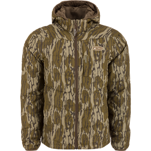 MST Synthetic Down Hooded Jacket with horizontal baffles, insulated hood, drawcord waist, and Magnattach™ chest pocket, ideal for hunting and cold-weather comfort.