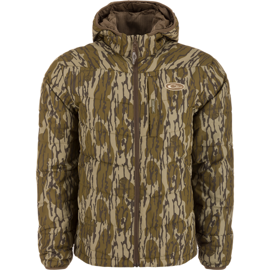 MST Synthetic Down Hooded Jacket with horizontal baffles, insulated hood, drawcord waist, and Magnattach™ chest pocket, ideal for hunting and cold-weather comfort.