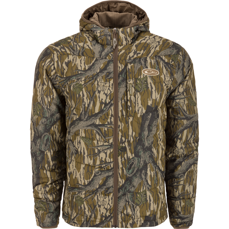 MST Synthetic Down Hooded Jacket with horizontal baffle design, adjustable waist, insulated hood, and Magnattach™ chest pocket, ideal for cold weather hunting and outdoor activities.