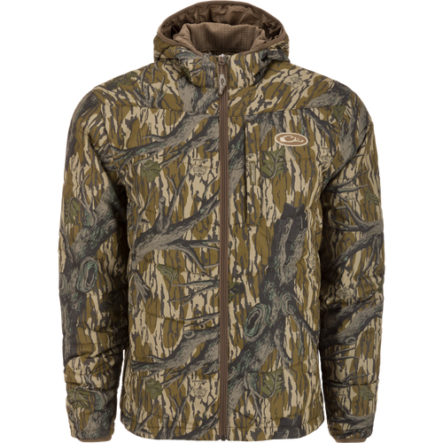 MST Synthetic Down Hooded Jacket with horizontal baffle design, adjustable waist, insulated hood, and Magnattach™ chest pocket, ideal for cold weather hunting and outdoor activities.