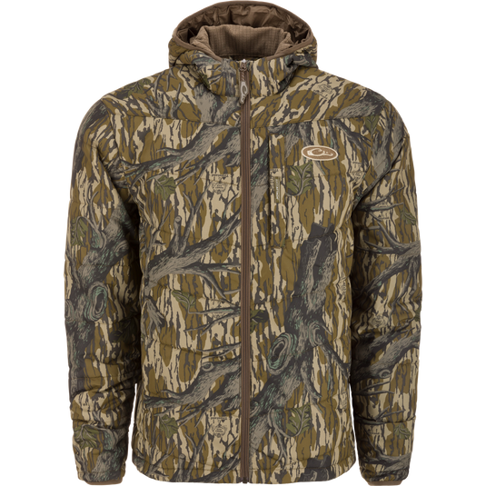 MST Synthetic Down Hooded Jacket with horizontal baffle design, adjustable waist, insulated hood, and Magnattach™ chest pocket, ideal for cold weather hunting and outdoor activities.