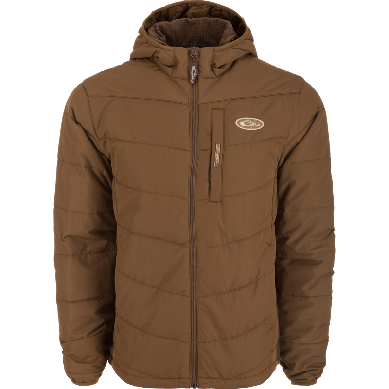 MST Synthetic Down Hooded Jacket with horizontal baffle design, insulated hood, and Magnattach™ chest pocket, ideal for hunting and outdoor activities.