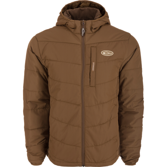 MST Synthetic Down Hooded Jacket with horizontal baffle design, insulated hood, and Magnattach™ chest pocket, ideal for hunting and outdoor activities.