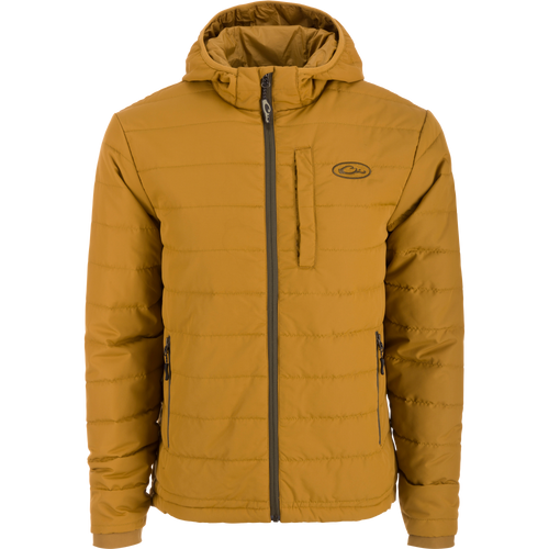 MST Synthetic Down Hooded Jacket with horizontal baffle design, insulated hood, and Magnattach™ pocket, ideal for layering during cold hunts or camping.
