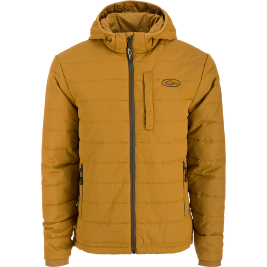 MST Synthetic Down Hooded Jacket with horizontal baffle design, insulated hood, and Magnattach™ pocket, ideal for layering during cold hunts or camping.