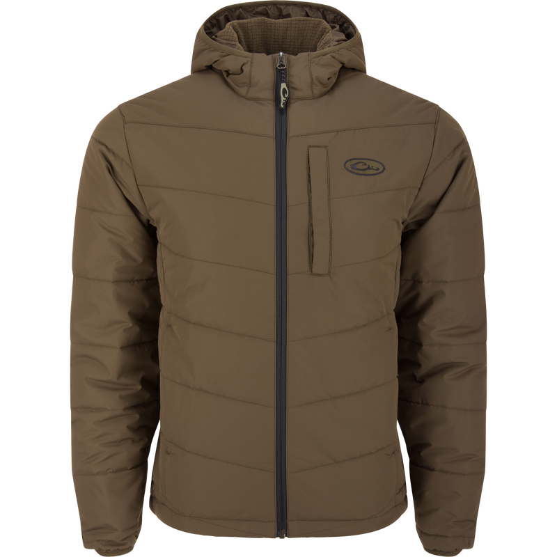MST Synthetic Down Hooded Jacket with insulated hood, zippered chest and side pockets, and adjustable waist, designed for warmth and comfort during cold weather activities.