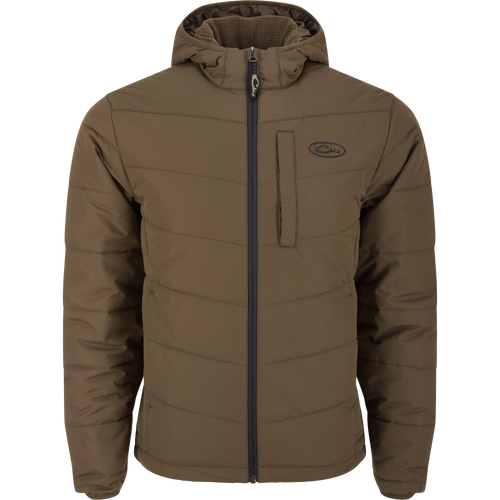 MST Synthetic Down Hooded Jacket with insulated hood, zippered chest and side pockets, and adjustable waist, designed for warmth and comfort during cold weather activities.