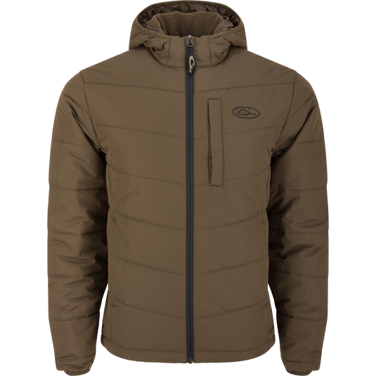 MST Synthetic Down Hooded Jacket with insulated hood, zippered chest and side pockets, and adjustable waist, designed for warmth and comfort during cold weather activities.