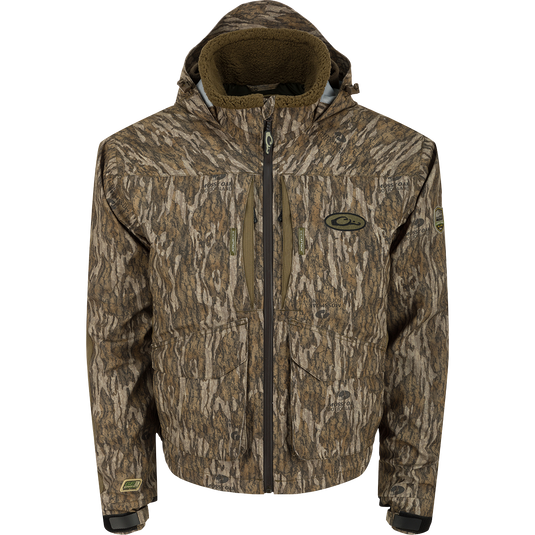 LST Insulated Timber Jacket with zippered chest pockets, sherpa-lined collar, and adjustable hood; designed for waterfowl hunters with durable, waterproof fabric and quick-access features.