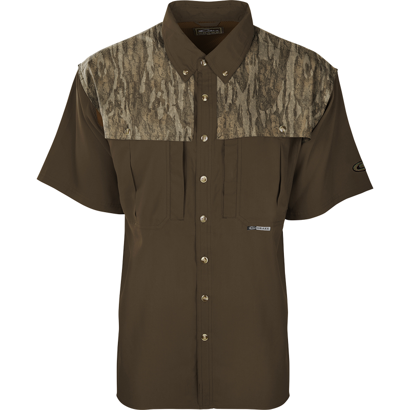 EST Camo Flyweight Wingshooter's Short Sleeve Shirt, featuring a collar, buttons, mesh back vent, and two chest pockets, ideal for early season hunting.