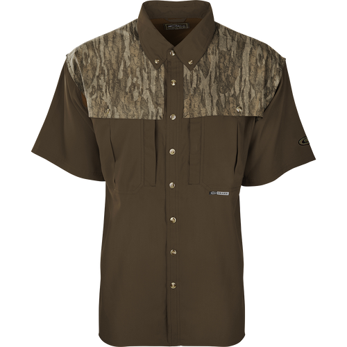 EST Camo Flyweight Wingshooter's Short Sleeve Shirt, featuring a collar, buttons, mesh back vent, and two chest pockets, ideal for early season hunting.