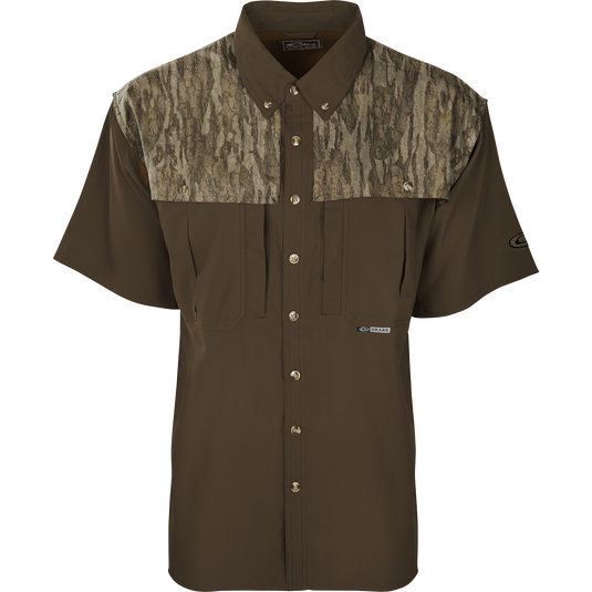 EST Camo Flyweight Wingshooter's Short Sleeve Shirt, featuring a collar, buttons, mesh back vent, and two chest pockets, ideal for early season hunting.