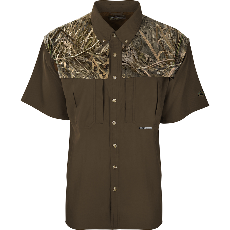 Close-up of the EST Camo Flyweight Wingshooter's Short Sleeve Shirt, showcasing the breathable mesh back and large chest pockets designed for hunting.