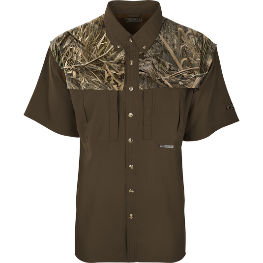 Close-up of the EST Camo Flyweight Wingshooter's Short Sleeve Shirt, showcasing the breathable mesh back and large chest pockets designed for hunting.