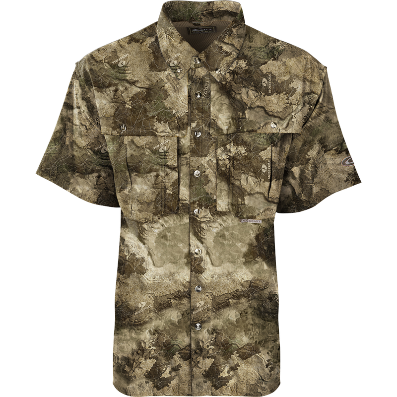 EST Camo Flyweight Wingshooter's Short Sleeve Shirt featuring vented mesh back, Magnattach™ chest pocket, and sunglasses holder, ideal for early season hunting.