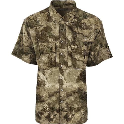 EST Camo Flyweight Wingshooter's Short Sleeve Shirt featuring vented mesh back, Magnattach™ chest pocket, and sunglasses holder, ideal for early season hunting.