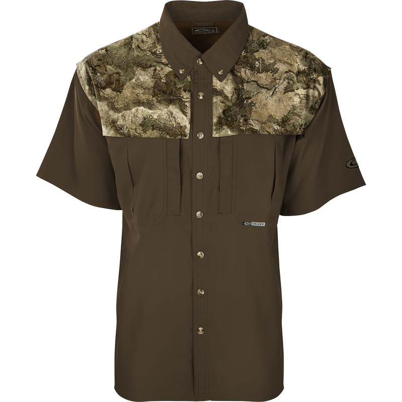 Close-up of the EST Camo Flyweight Wingshooter's Short Sleeve Shirt, featuring buttons, collar, and chest pockets, designed for lightweight, breathable performance in early season hunting.