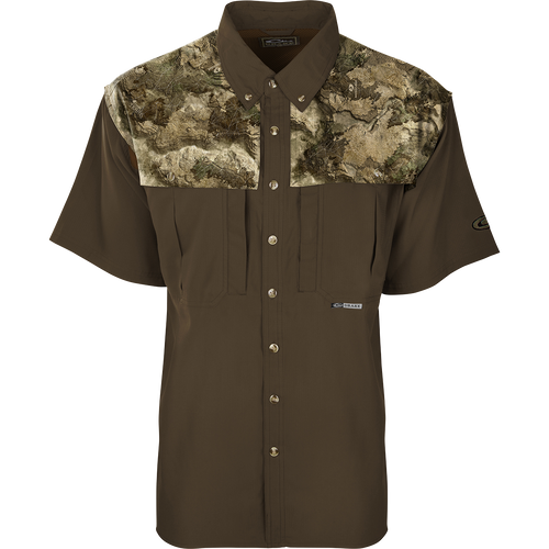 Close-up of the EST Camo Flyweight Wingshooter's Short Sleeve Shirt, featuring buttons, collar, and chest pockets, designed for lightweight, breathable performance in early season hunting.