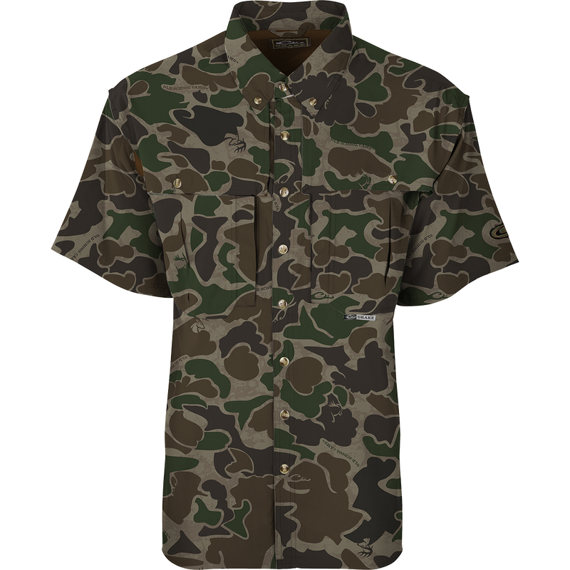 EST Camo Flyweight Wingshooter's Short Sleeve Shirt, featuring a breathable, quick-drying design with UPF 50+ protection, vented mesh back, and multiple chest pockets.