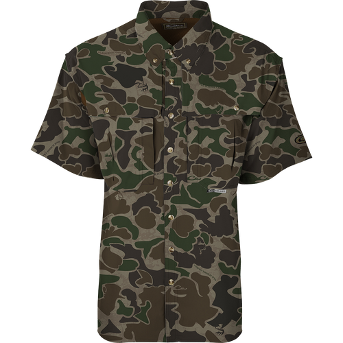 EST Camo Flyweight Wingshooter's Short Sleeve Shirt, featuring a breathable, quick-drying design with UPF 50+ protection, vented mesh back, and multiple chest pockets.