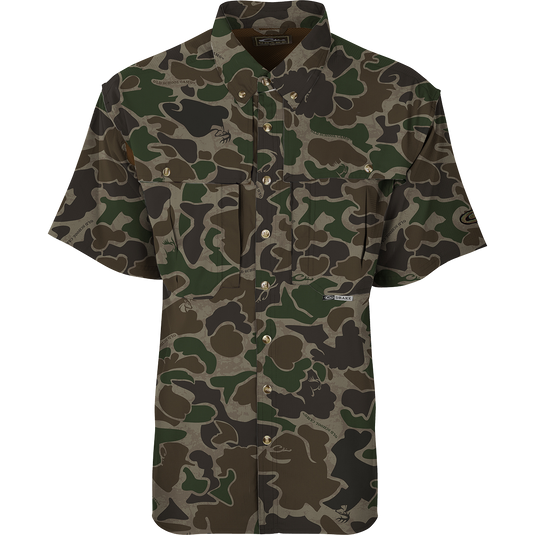 EST Camo Flyweight Wingshooter's Short Sleeve Shirt, featuring a breathable, quick-drying design with UPF 50+ protection, vented mesh back, and multiple chest pockets.