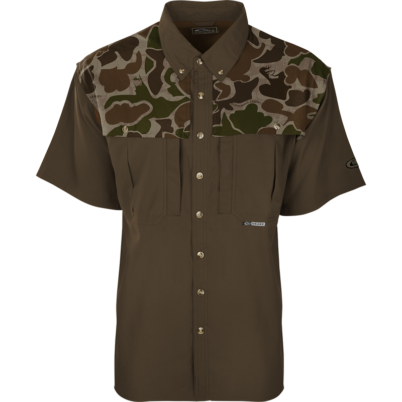 Camo Flyweight Wingshooter's Shirt with buttons, featuring mesh back, chest pockets, designed for breathability and quick drying, ideal for early season hunting.