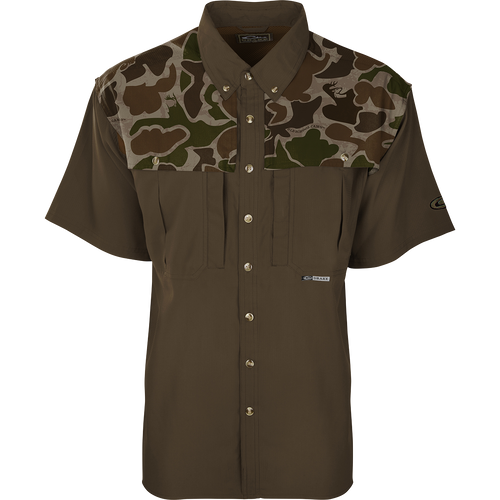 Camo Flyweight Wingshooter's Shirt with buttons, featuring mesh back, chest pockets, designed for breathability and quick drying, ideal for early season hunting.