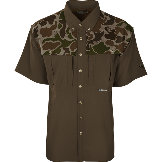 Camo Flyweight Wingshooter's Shirt with buttons, featuring mesh back, chest pockets, designed for breathability and quick drying, ideal for early season hunting.