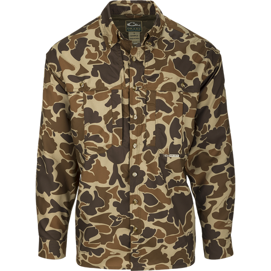 A lightweight, breathable camo shirt for early season hunting. Made of 100% polyester with UPF 50+ sun protection. Features include vented mesh back, Magnattach chest pocket, and quick-drying fabric. Perfect for dove, goose, or teal season. From Purewhitelaneshop.