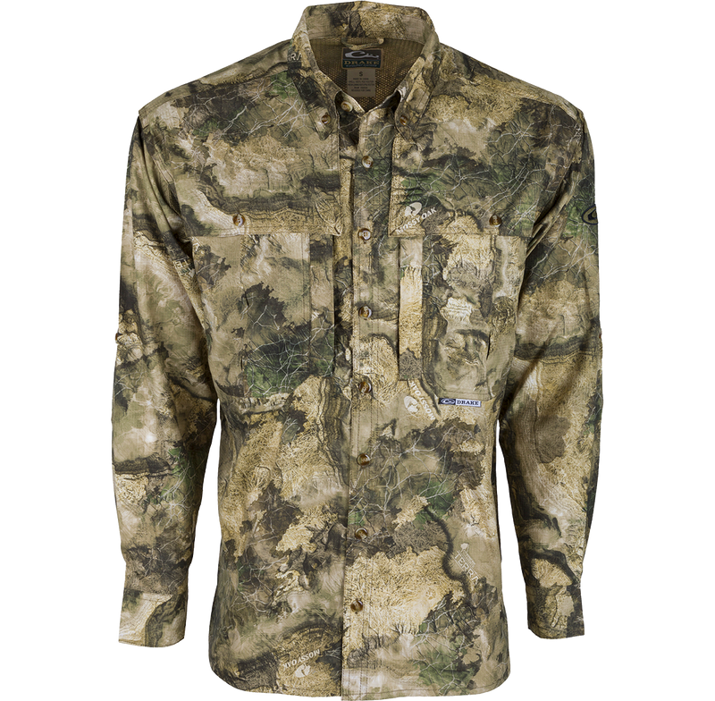 EST Camo Flyweight Wingshooter's Long Sleeve Shirt with camouflage pattern, featuring vented mesh back, Magnattach chest pocket, and quick-drying, breathable polyester fabric for early season hunting.