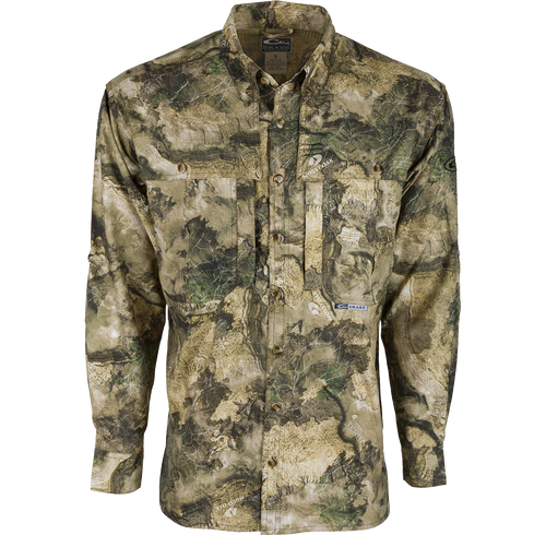 EST Camo Flyweight Wingshooter's Long Sleeve Shirt with camouflage pattern, featuring vented mesh back, Magnattach chest pocket, and quick-drying, breathable polyester fabric for early season hunting.