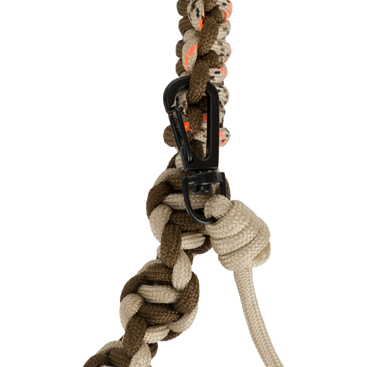 Caller's Lanyard: A close-up of a soft, Polypropylene braided cord with customizable call connections and an upper clip for perfect positioning.