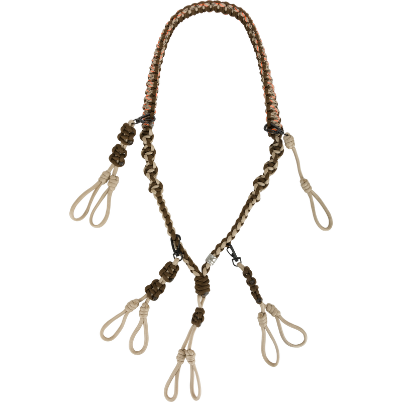 Caller's Lanyard: A close-up of a soft, Polypropylene braided cord with an upper clip connection. Customizable call organization with multiple double-loop connections.