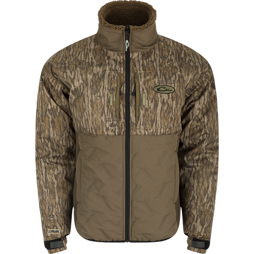 LST Guardian Flex Double Down Eqwader Full Zip Jacket shows durable design with sherpa-lined collar, chest zip-pockets, quilted camo/olive-brown body, and adjustable cuffs.