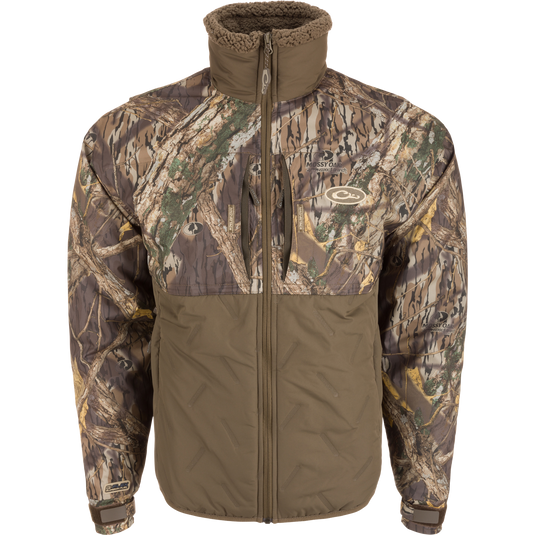 LST Guardian Flex Double Down Eqwader Full Zip Jacket with camouflage pattern, showcasing windproof, waterproof upper body, and abrasion-resistant lower body with advanced insulation and protection features.